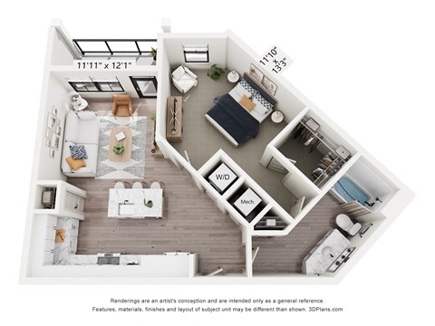 Floor plan for 1 bed, 1 bath, 769 sqft